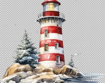 Lighthouse Clipart PNG, Watercolor Christmas Lighthouse, Art For Farmhouse, Print For Law, Srt For Best Friends, Transparent Background