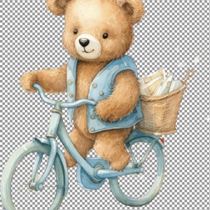 Ours en peluche avec clipart de vélo d’équitation, en illustration aquarelle brun clair, arrière-plan pour MacBook, conception PNG, designs pour papa