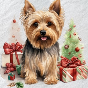 Vrolijke Zijdeachtige Terriër Kerst PNG, Feestelijke Glans, Vrolijke Zijdeachtige Terriër voor Kerstmis, Feestelijk Hond Decor, Instant Download PNG