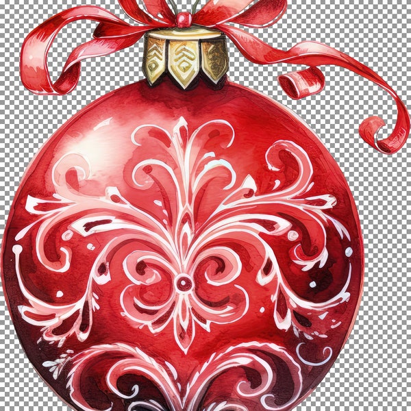 Clipart aquarelle d’ornement de Noël rouge, images Jpg, autocollant numérique pour porte, autocollant numérique pour pot de confiture, dessins pour murs, Png