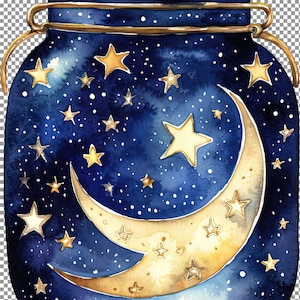 Blaues Glas mit Stern und Mond Clipart, Mond Aquarell Clipart, Sterne Druck für Männer, Bild für Etiketten, Png Download, schneller Download png Bilder