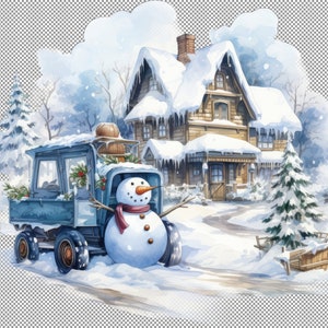 Demeures confortables de bonhomme de neige au milieu de douces chutes de neige Clipart, Clipart de demeures confortables de bonhomme de neige, maisons enneigées, aquarelle de bonhomme de neige de Noël PNG.
