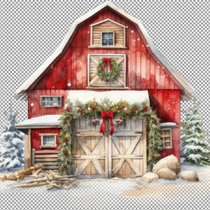 Snowy Farm Barn Christmas Aquarelle Clipart, Autocollant numérique pour glacières Yeti, Autocollant numérique pour bagages, Image pour chambre de filles, Png