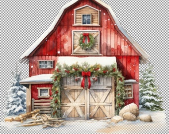 Snowy Farm Barn Christmas Watercolor Clipart, Digital Sticker For Yeti Coolers, Digital Sticker For Luggage, Picture For Girls Room, Png