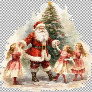 Kerstman dansen met kinderen aquarel clipart, poster voor slaapzaal, kunst aan de muur voor slaapkamer, foto voor grafsteen, print voor cadeau, png