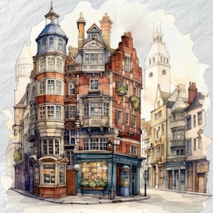 Victorian London Whimsical Watercolour Illustration,Historical Decor, Victorian London Whimsy, Watercolour Art Illustration