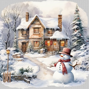 Bonhomme de neige Winter Cottage Clipart, Bonhomme de neige Winter Cottage Clipart, Paysage enneigé, Village de Noël, Winter Cottage Clipart Bundle.