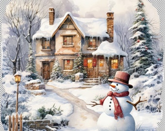Snowman&#39;s Winter Cottage Clipart, Snowman&#39;s Winter Cottage Clipart, Snowy Landscape, Christmas Village,Winter Cottage Clipart Bundle.
