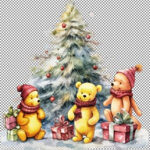 Winnie l’ourson Clipart, amis célébrant Noël, illustration aquarelle, art mural pour cheminée, artisanat pour fleurs, best-seller Png