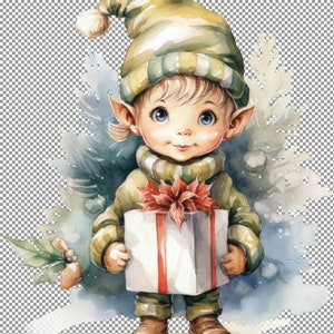 Clipart especial do elfo, Elfo de Natal aconchegante com presente, design para livro, impressão para crianças, design para festas, imagem para copo, png