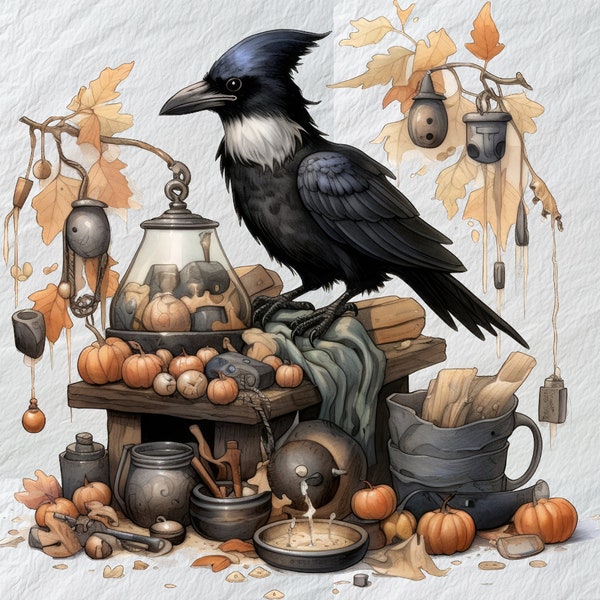 Halloween Chilling Magpie Collecting Shiny Trinkets of the Night Clipart,Enchanted Magpie on a Nighttime Quest,Halloween Shiny Trinkets PNG