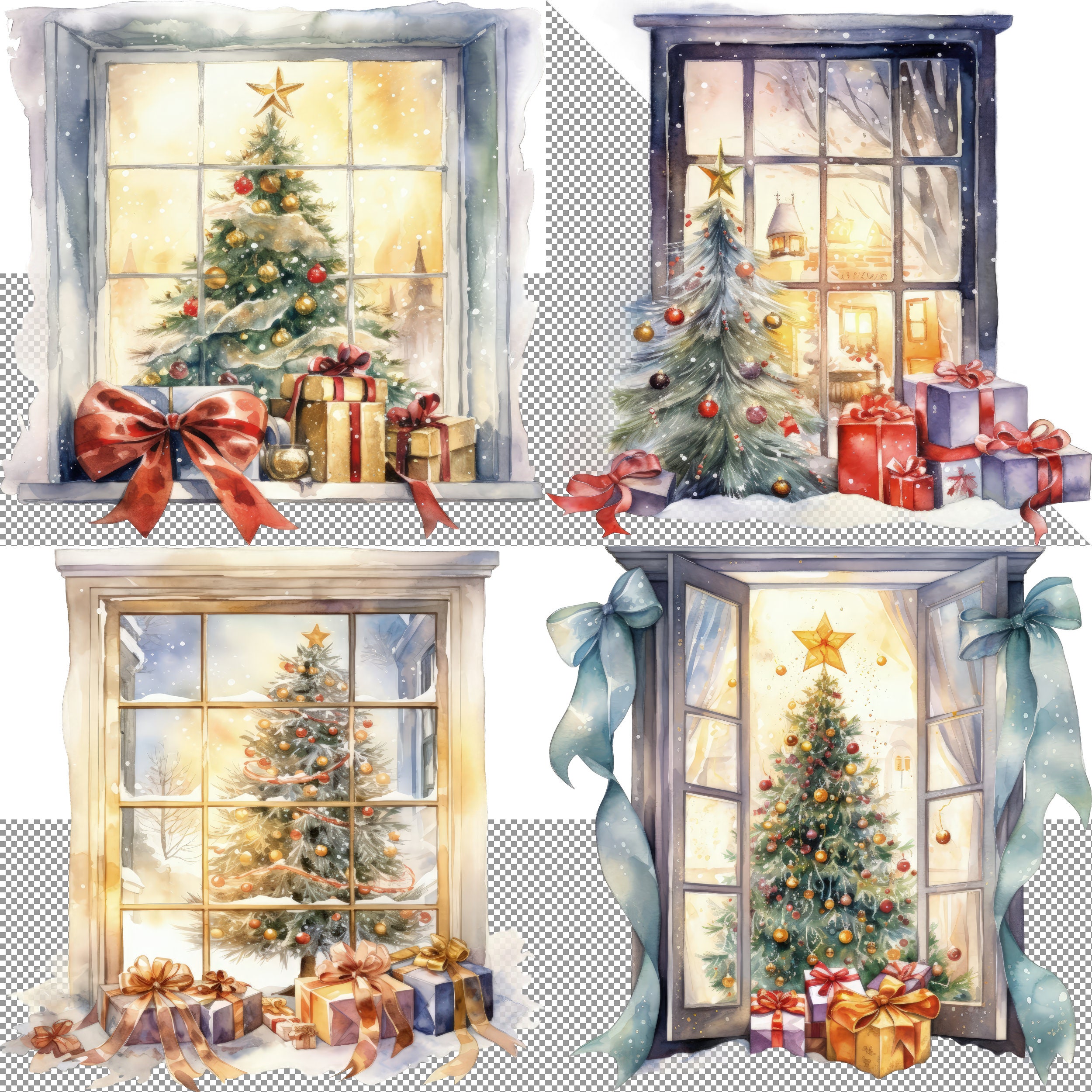Christmas Tree Clipart, Majestic View Through a Window Watercolor ...