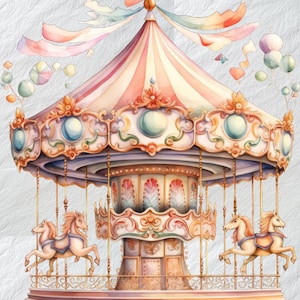 Clipart de carrossel caprichoso, cena encantadora de carrossel, clipart de cavalo caprichoso, carrossel encantador, clipe de carrossel vintage