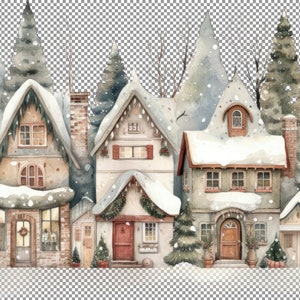 Clipart z motywem wioski bożonarodzeniowej, pakiet clipartów akwarelowych z motywem witryn sklepowych z okazji świąt Bożego Narodzenia, urocze dzieła sztuki z motywem wioski bożonarodzeniowej, świąteczne kreacje PNG.