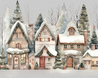 Christmas Village Clipart, Christmas Storefronts Watercolor Clipart Bundle,Charming Christmas Village Artwork,Holiday Creations PNG.