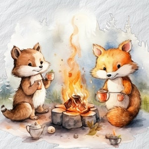 Clipart di animali parlanti falò, animali parlanti intorno al fuoco, clipart di creature carine, chat di animali stravaganti accanto al fuoco, clip di amici della foresta