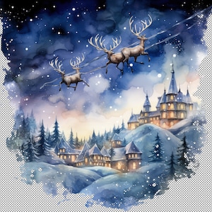 Clipart di volo delle renne, set di clipart di renne di Natale: renne volanti, paese delle meraviglie invernale, illustrazioni delle vacanze, volo di Natale