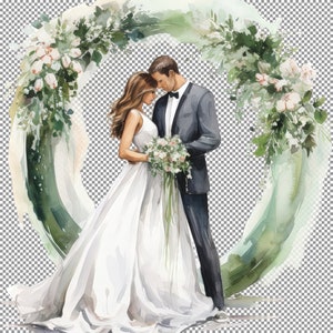 Mariée et marié sous l’arche de mariage Aquarelle Clipart, Image pour bouteille d’eau, Art pour lui, Design pour tasse, Image pour casquette de diplômé, Png