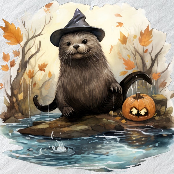 Halloween Spooky Otter Sliding Through Eerie Ambience Clipart, Otters Wearing Pumpkin,Otter Silhouettes in a Haunting Halloween Scene