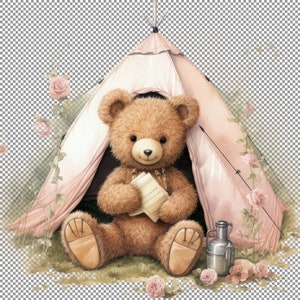 Rose ours en peluche Camping Clipart, aquarelle Clipart, artisanat pour Papa, dessins pour la fête, fond pour Ipad, Art pour salle de bain des filles, images png
