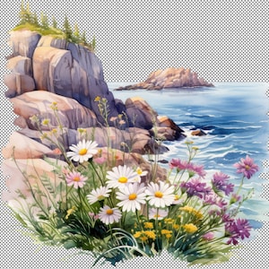 Summer Seaside Cliff with Wildflowers Clipart,Watercolor Coastal Cliff Clipart,Ocean View Landscape, Seaside Nature,Watercolor Coastal Cliff