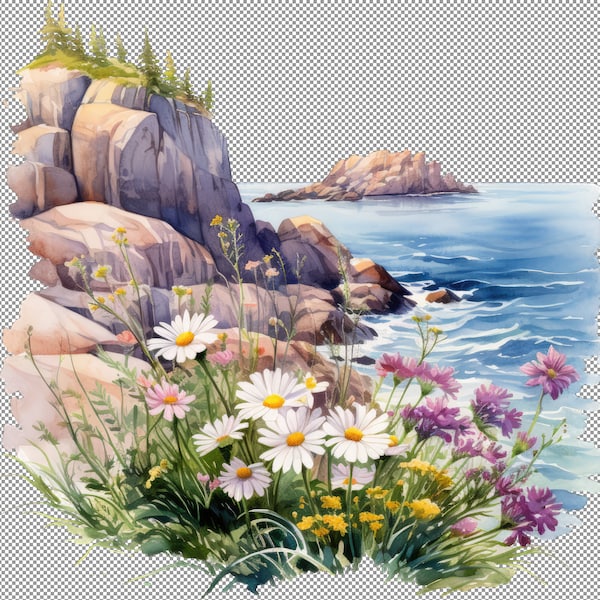 Summer Seaside Cliff with Wildflowers Clipart,Watercolor Coastal Cliff Clipart,Ocean View Landscape, Seaside Nature,Watercolor Coastal Cliff