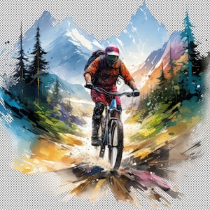 Mountain Majesteit met mountainbikers clipart, off-road fietsavonturen: mountainbikers in actie, natuurpad clip art PNG