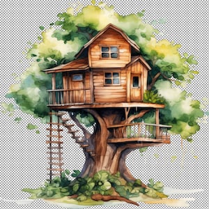 Clipart della casa sull'albero tra i rami, illustrazioni fantasy della casa sull'albero, clipart della foresta incantata, decorazioni per avventure per bambini, grafica delle fiabe.