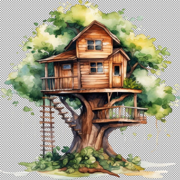 Treehouse Among Branches Clipart,Fantasy Tree House Illustrations, Enchanted Forest Clipart, Kids' Adventure Decor, Fairy Tale Graphics.