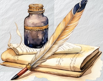 Vantage Quill and Ink Watercolor PNG Clipart,Watercolor Art,Vantage Quill and Ink Clipart PNG, Classic Desk Decor, Instant Digital Download