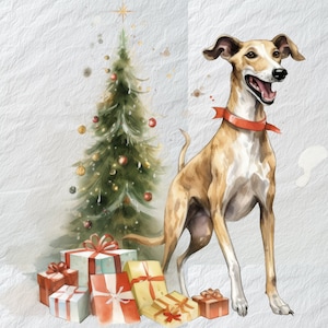 Clipart di levriero allegro, clipart di corsa dell'albero di Natale, clipart di zampe di levriero festivo, condividi la gioia di Natale con disegni di cani stravaganti