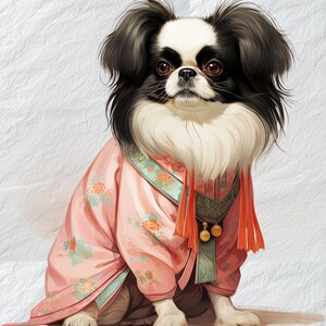 Imágenes prediseñadas de traje festivo de barbilla japonesa alegre, imagen de barbilla japonesa en traje festivo, gráficos de perros alegres, imagen de barbilla alegre