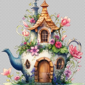 Bule Casa De Fadas Com Bica Chaminé Aquarela Clipart, Fundos Png, Adesivo Digital Para Parede, Imagens Para Chapéus, Clipart Para Camisas