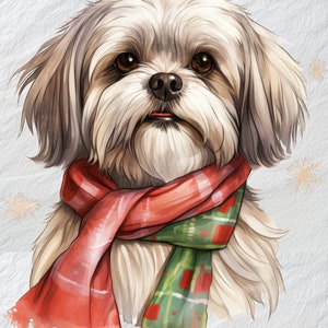 Merry Lhasa Apso Christmas Scarf Clipart, Sciarpa natalizia festosa di Lhasa Apso, Decor per cani, Download digitale Clip Art PNG, Decor per cani di Natale