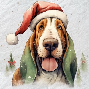 Gleeful Basset Hound Navidad PNG, Vacaciones Droopy, Alegre Basset Hound para Navidad, Festive DogHoliday Digital Clip Art, Gráficos de Navidad