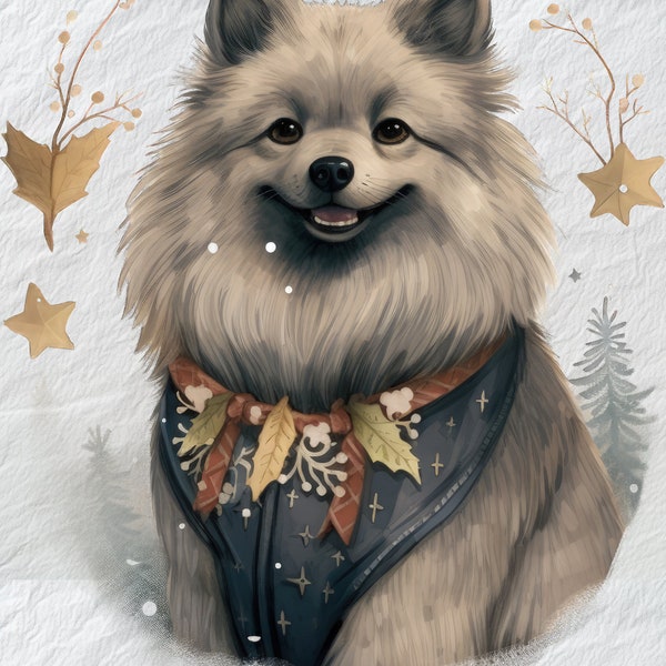Jolly Keeshond Holiday Vest Clipart,Holiday Keeshond Clip Art, Cheerful Dog in Festive Vest, Digital Graphics,Christmas Dog Graphics