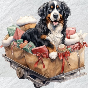 Jovial Berner Sennenhund Schlitten Clipart, Weihnachten Hund Grafiken, Berner Sennenhund mit Schlitten, festliche Clip Art, Download