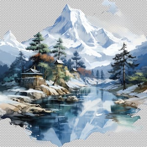 Besneeuwde Himalaya-retraite, illustraties voor Kerstmis, kerstretraite in de Himalaya Clipart Set - besneeuwde bergafbeeldingen.