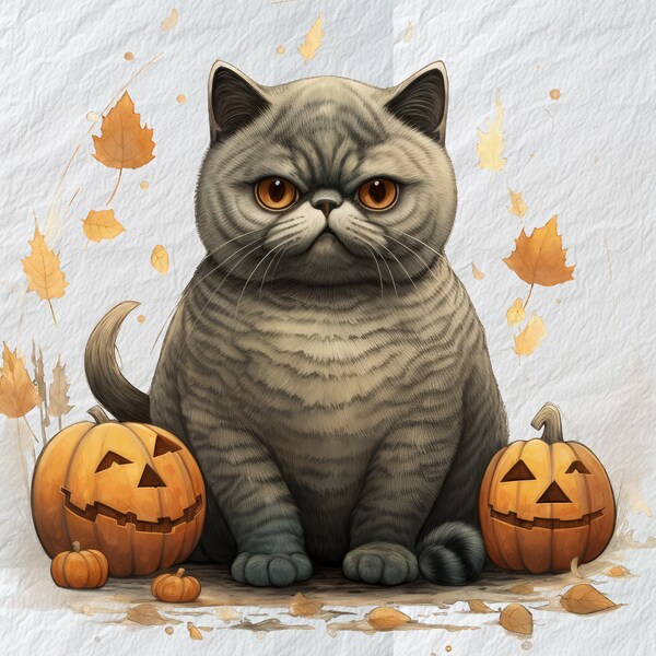 Mysterious Exotic Shorthair Halloween PNG, Watercolor Exotic Shorthair,Mysterious Chartreux Cat Art for Halloween,Transparent PNG Clipart