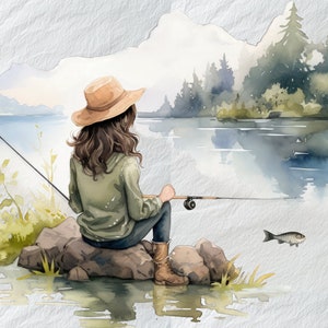 Imágenes prediseñadas de pescadora paciente, imágenes prediseñadas de la tranquilidad de la naturaleza, gráfico de pescadora calificada, imágenes prediseñadas de pescador paciente, descarga digital, arte relajante