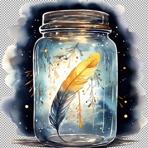 Glühwürmchen Glas mit schwimmenden Feder Aquarell Clipart, Druck Für Mädchen Zimmer, Bilder Für Transferpresse, Poster Für Jungs, Kunst Für Dekorationen