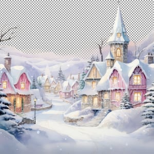 Snow-Covered Village Clipart, Christmas Watercolor Illustration, Poster For Men, Poster For Bar, Wall Art For Engineers, Png designs.