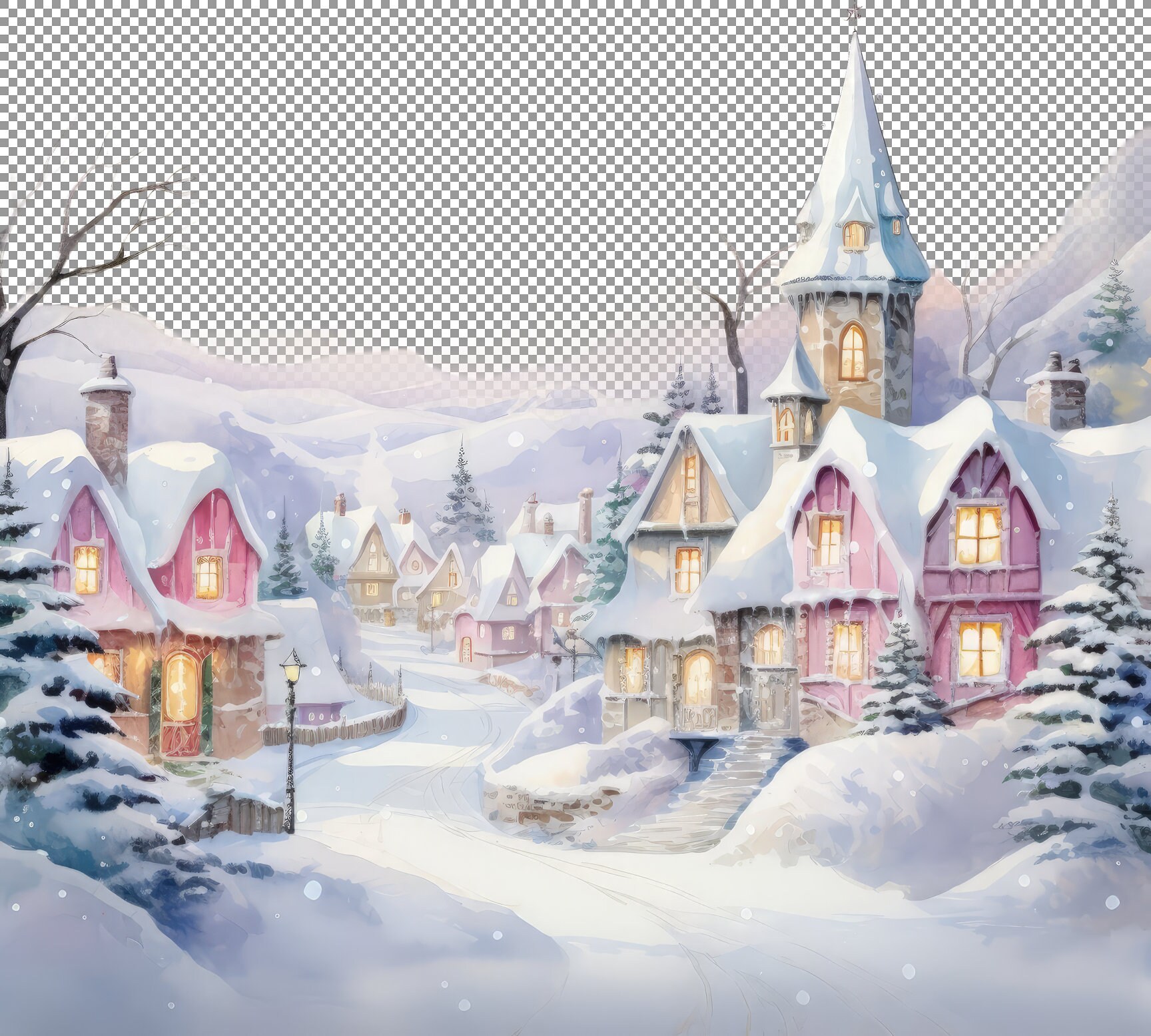 Snow-Covered Village Clipart, Christmas Watercolor Illustration, Poster For Men, Poster For Bar, Wall Art For Engineers, Png designs.