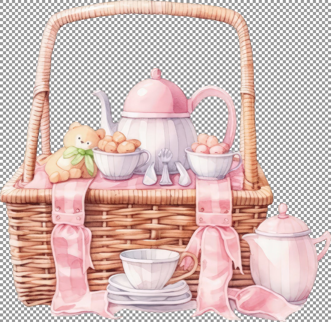 Baby Pink Picnic Basket Clipart, Watercolor Illustration, Art for Nerd