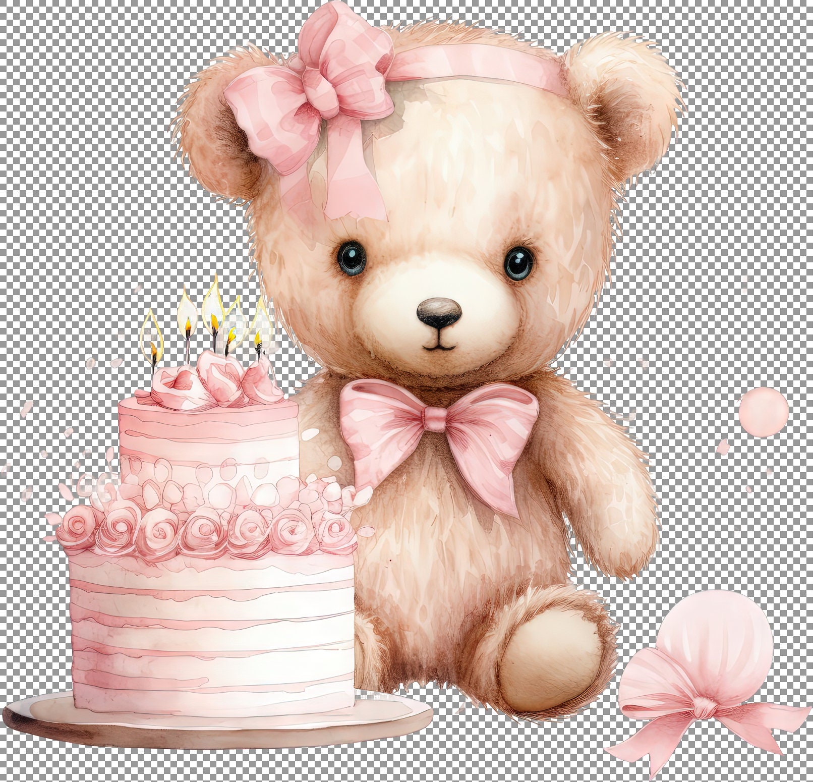 Teddy Bear with Birthday Cake Clipart, Pastel Pink Watercolor Clipart, Poster For Kitchen, Digital Sticker For Vehicle, Print For Ikea, Png