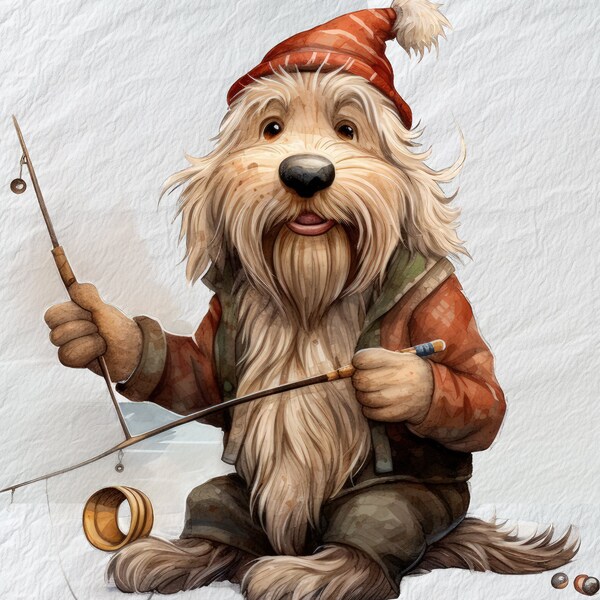 Jolly Otterhound Fishing Ornaments Clipart,Holiday Otterhound Clip Art, Cheerful Dog with Fishing Ornaments, Digital Graphics