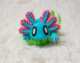 3D Printed Articulating Axolotl Fidget Toy with Glow-in-the-Dark Seaweed Bed