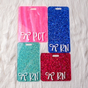 Glitter RN Badge Buddy: Acrylic Nurse Gift, Coquette Bow Accent