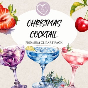 Christmas Cocktail Clipart Watercolor Clipart for commercial use Transparent PNGs premium holiday clipart for Junk Journal, Invitations