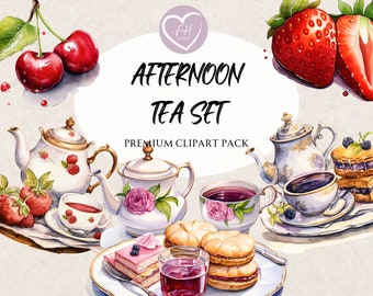 Tea Party Clipart Watercolor Clipart for commercial use Transparent PNGs premium afternoon tea clipart for Junk Journal, Invitations